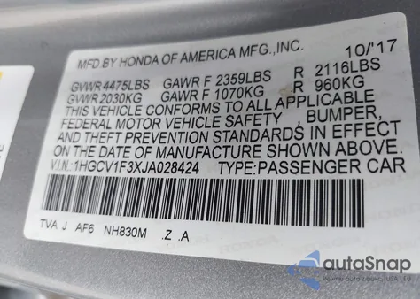 2018 Honda Accord Sport z USA, uszkodzony, nr VIN 1HGCV1F3XJA028424